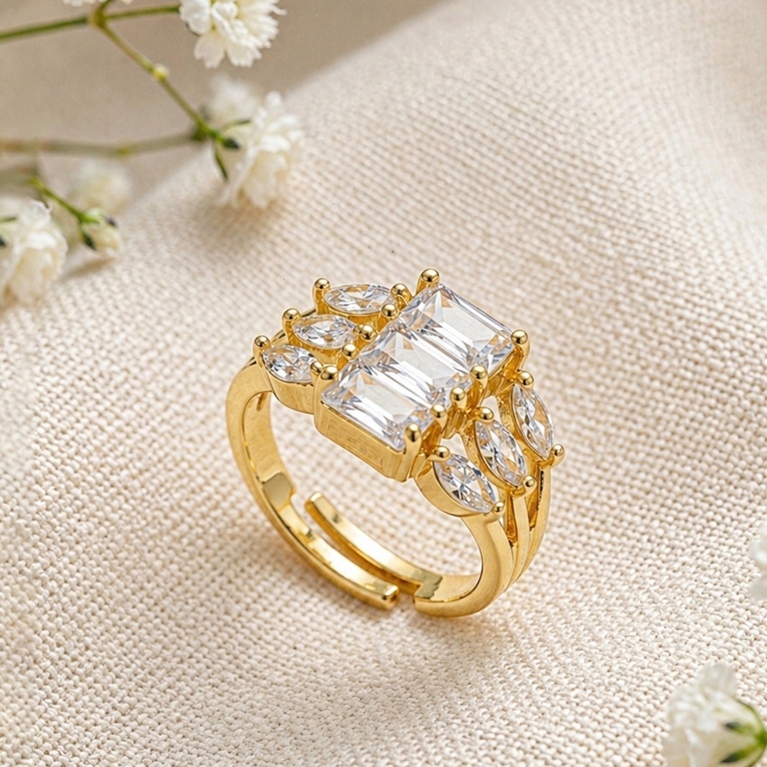 Artklim Royal Emerald Cut Crystal Statement Gold Anti-Tarnish Ring
