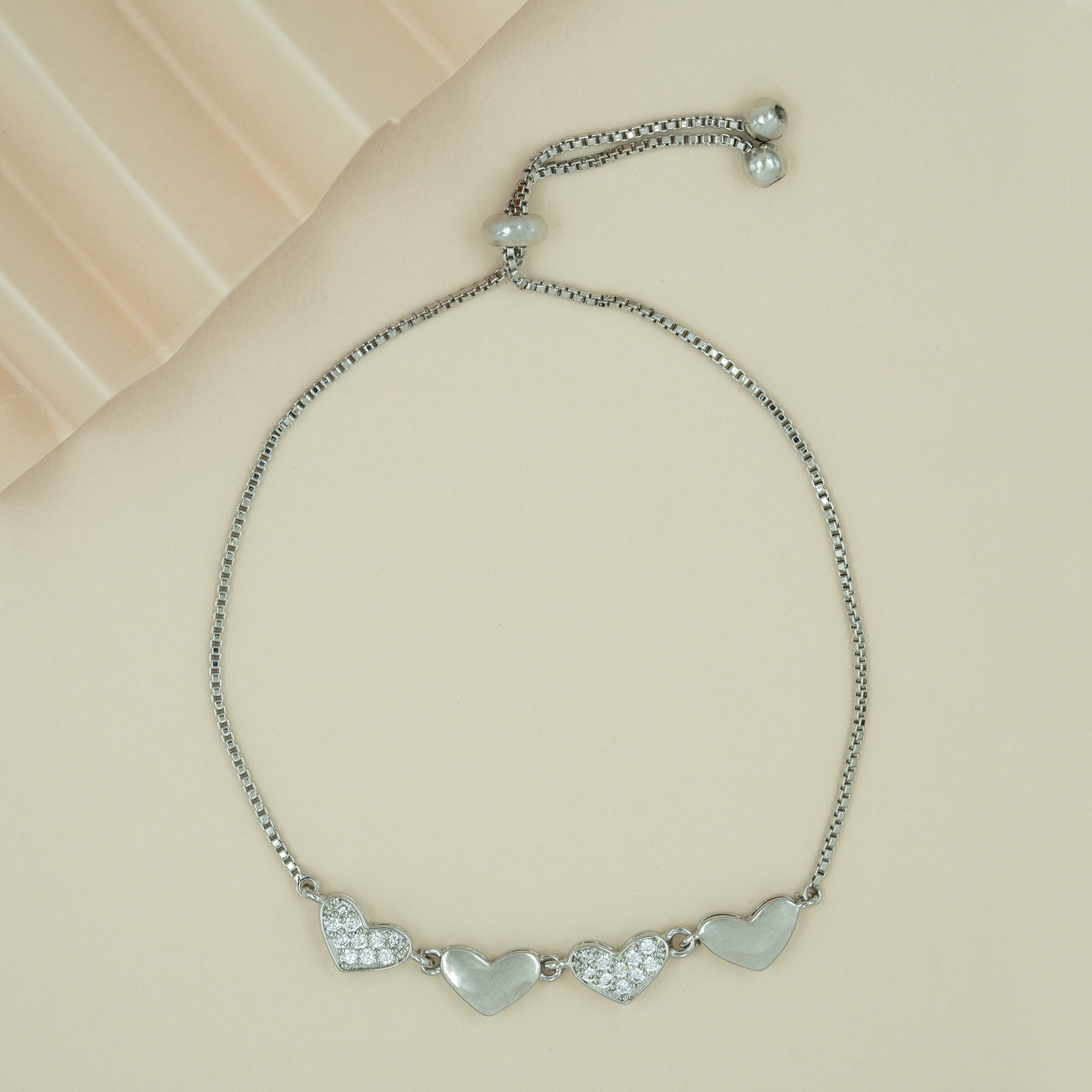 Artklim Silver Plated Studded Hearts Slider Bracelet