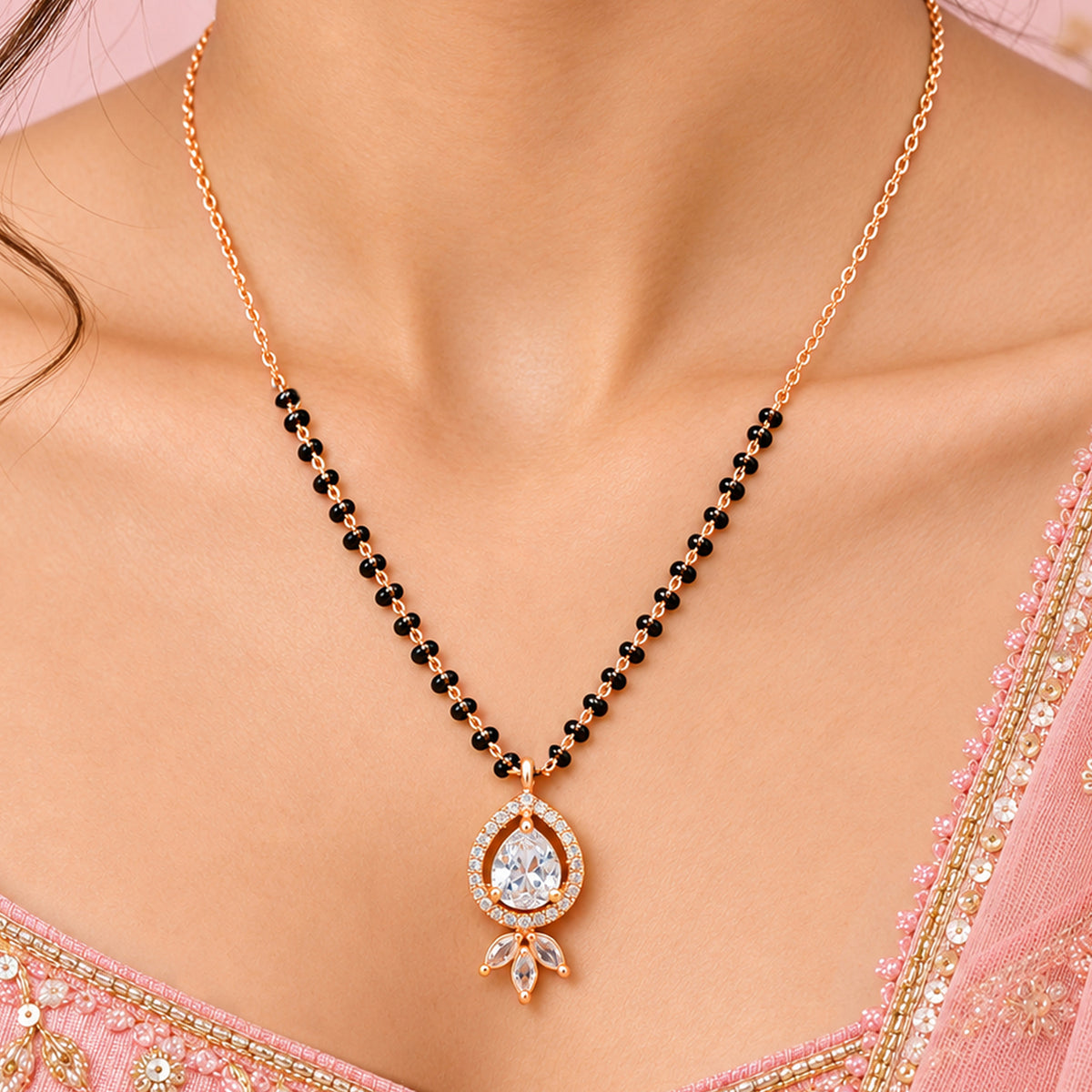 Artklim Elegant Rose Gold-Plated Teardrop Pendant Mangalsutra with Black Beads for Women