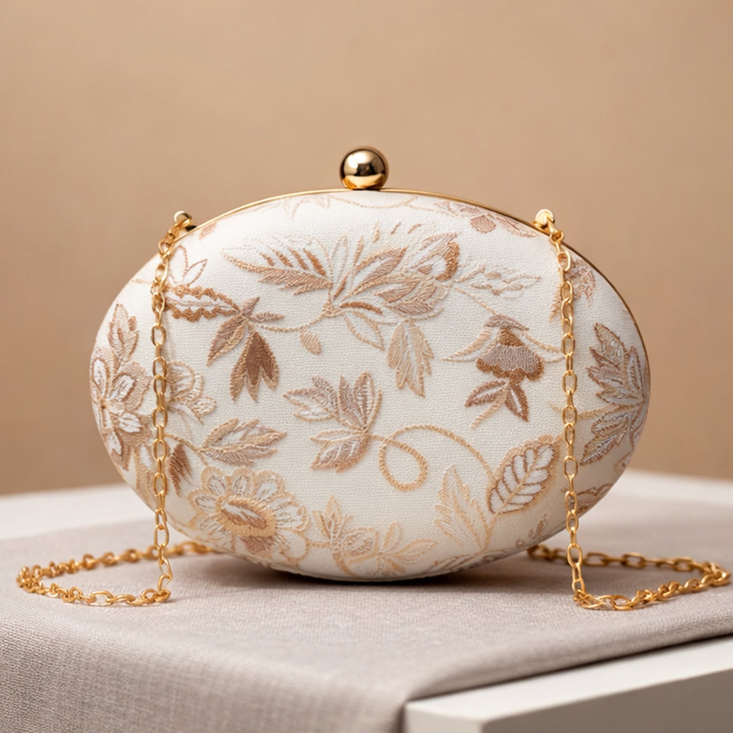 Artklim White Based Silver Brocade Fabric Oval Clutch