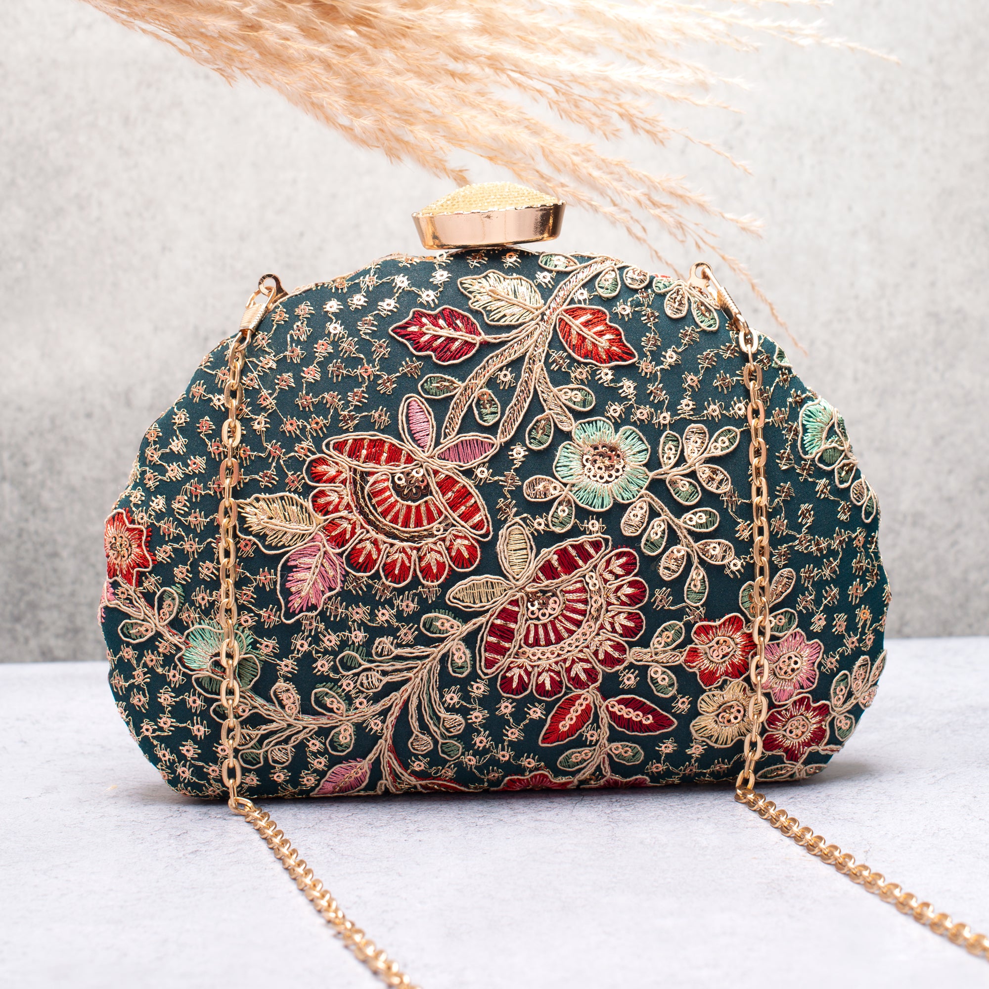 Artklim Olive Green Base Floral Threadwork Embroidery Clutch
