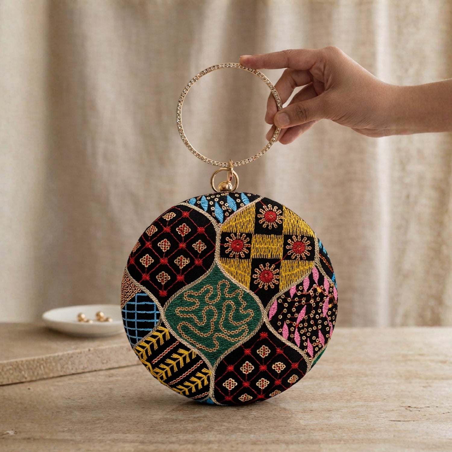 Artklim Artisan Patchwork Mosaic Velvet Embroidery Clutch