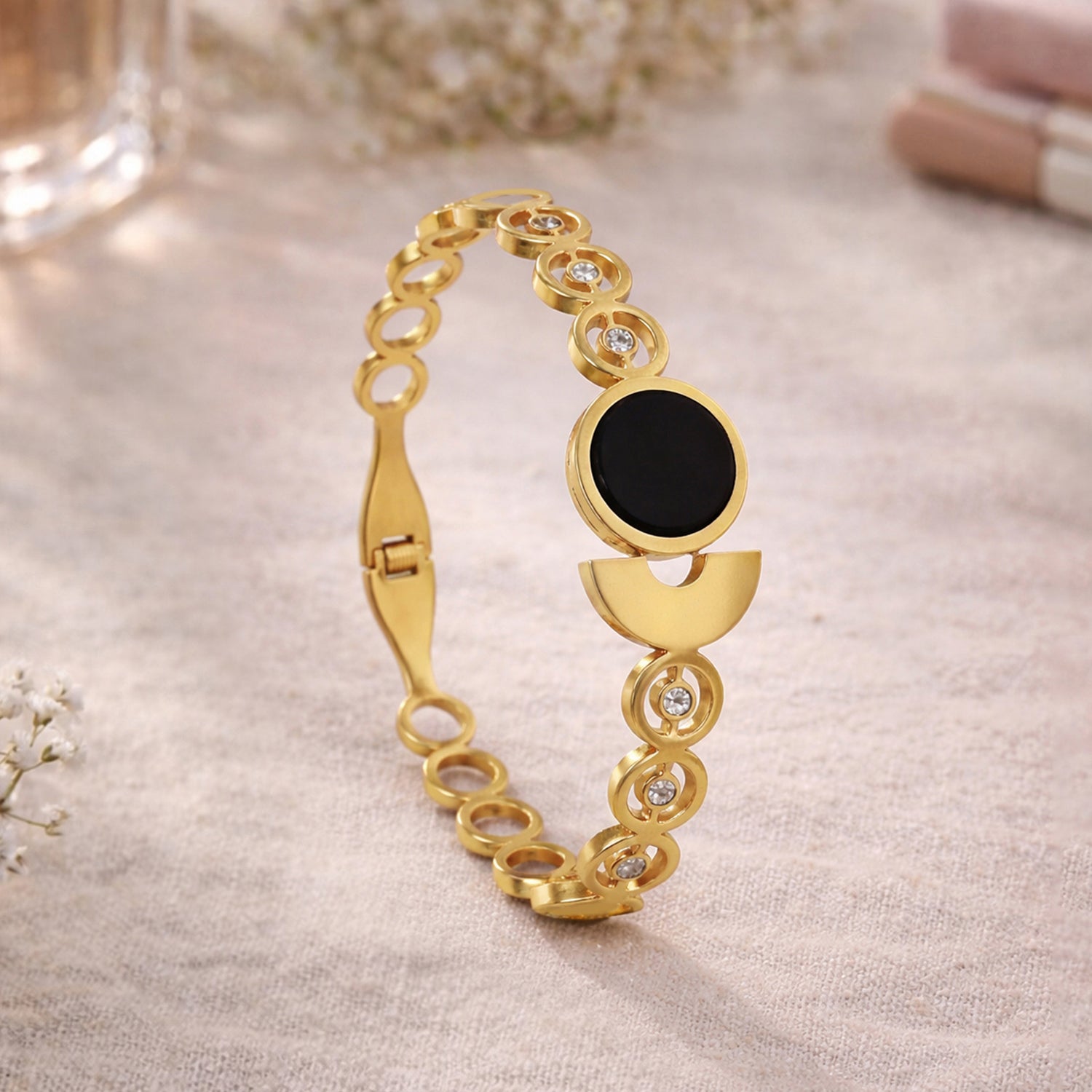 Artklim Gold Plated Elegant Open Cuff with Round Charm Anti-Tarnish Bangle Bracelet