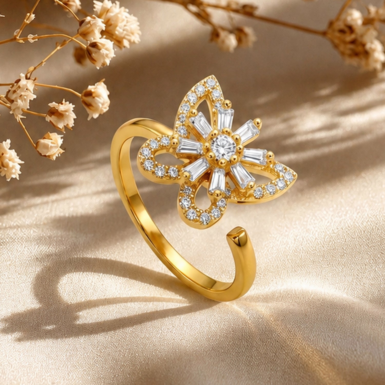 Artklim Gold Butterfly Blossom Revolving Flower Crystal Adjustable Anti-Tarnish Copper Ring