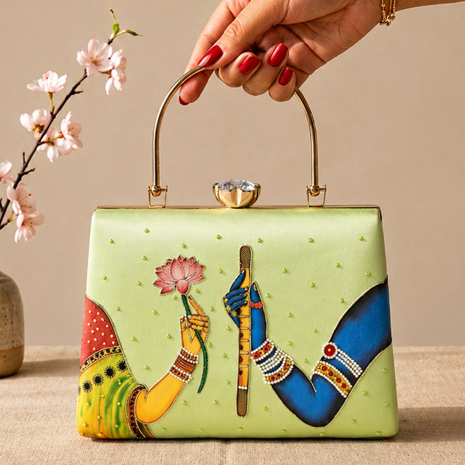 Artklim Printed Divine Harmony Radha Krishna Clutch with Hand Embroidery