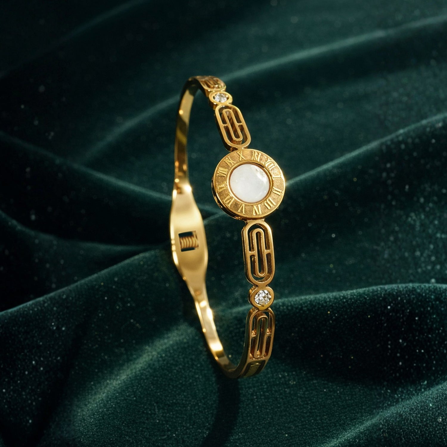 Artklim Gold Plated Roman Numeral Pearl Anti-Tarnish Bangle Bracelet