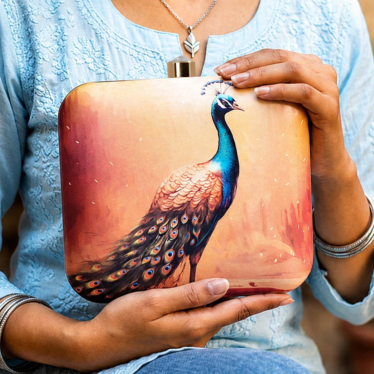 Artklim Peacock Printed Designer Chain Clutch
