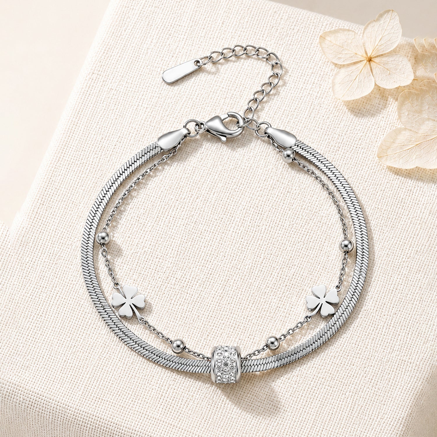 Artklim Silver-Tone Clover Double Layer Crystal Charm Anti-Tarnish Bracelet
