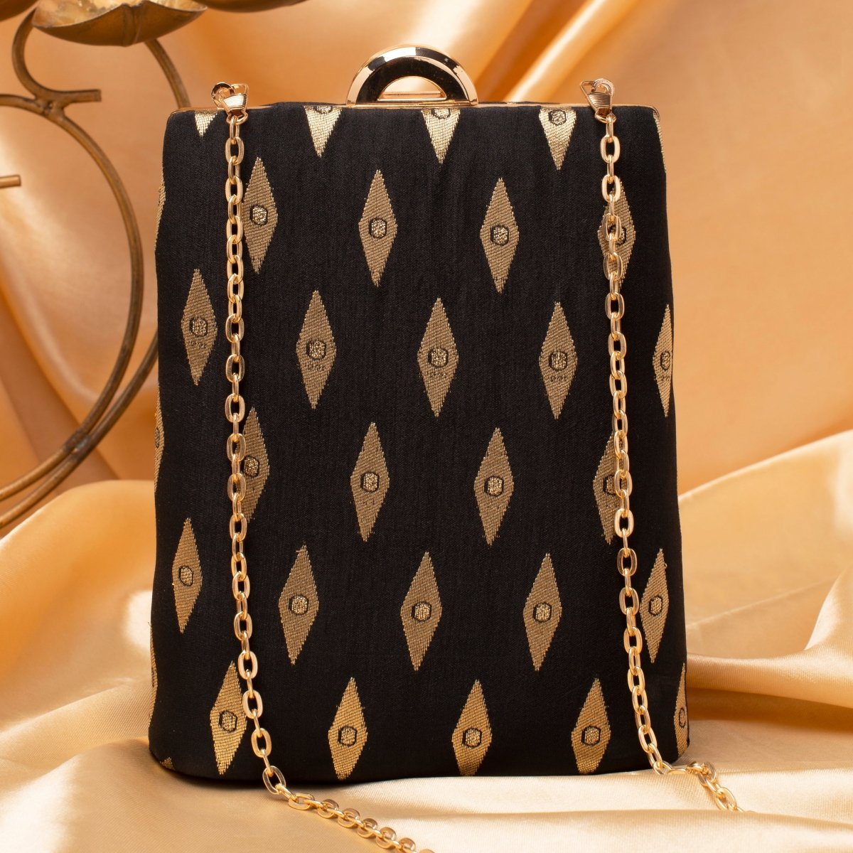 Artklim Black Base Brocade Fabric Ethnic Clutch