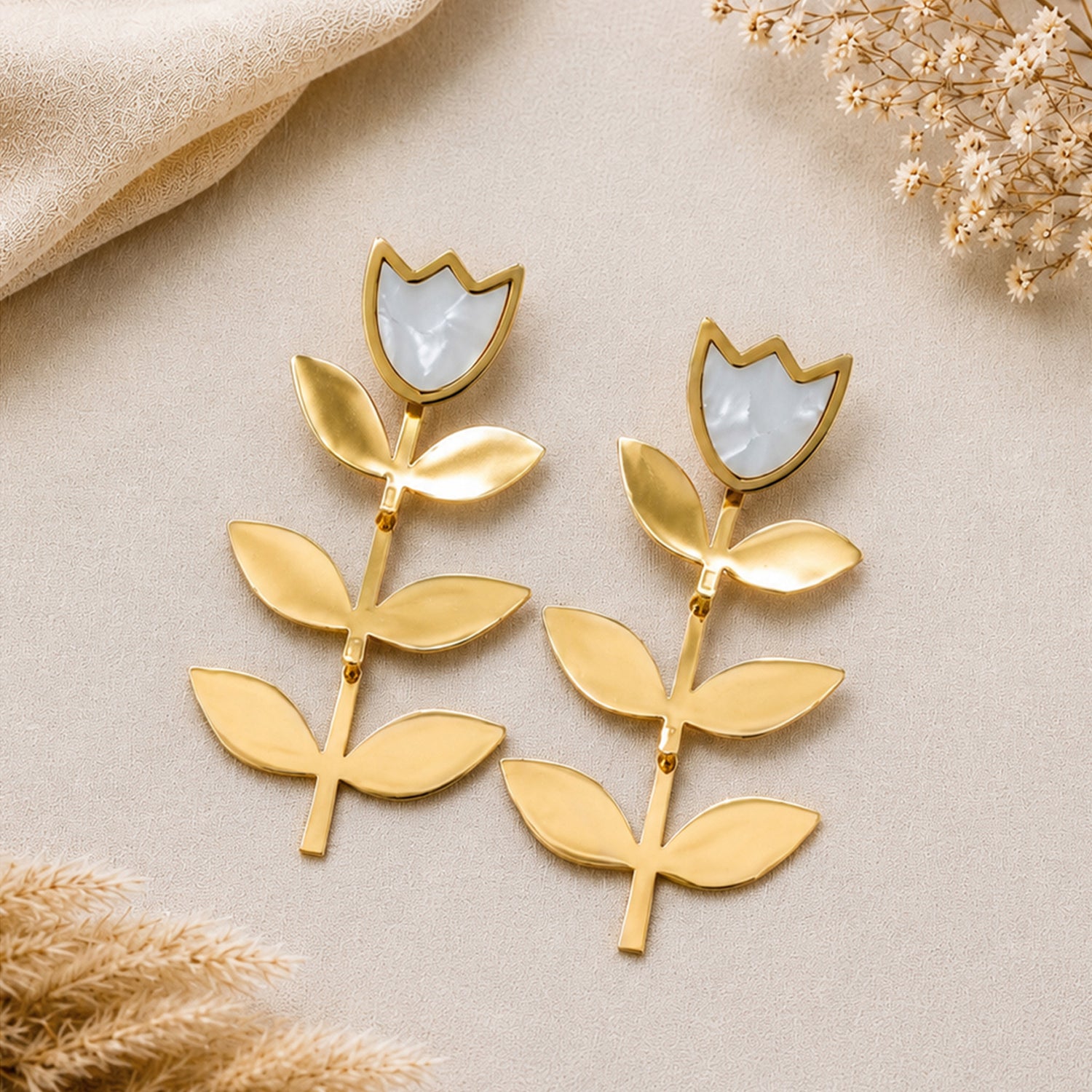 Artklim White Tulip Statement Leaf Anti-Tarnish Earring