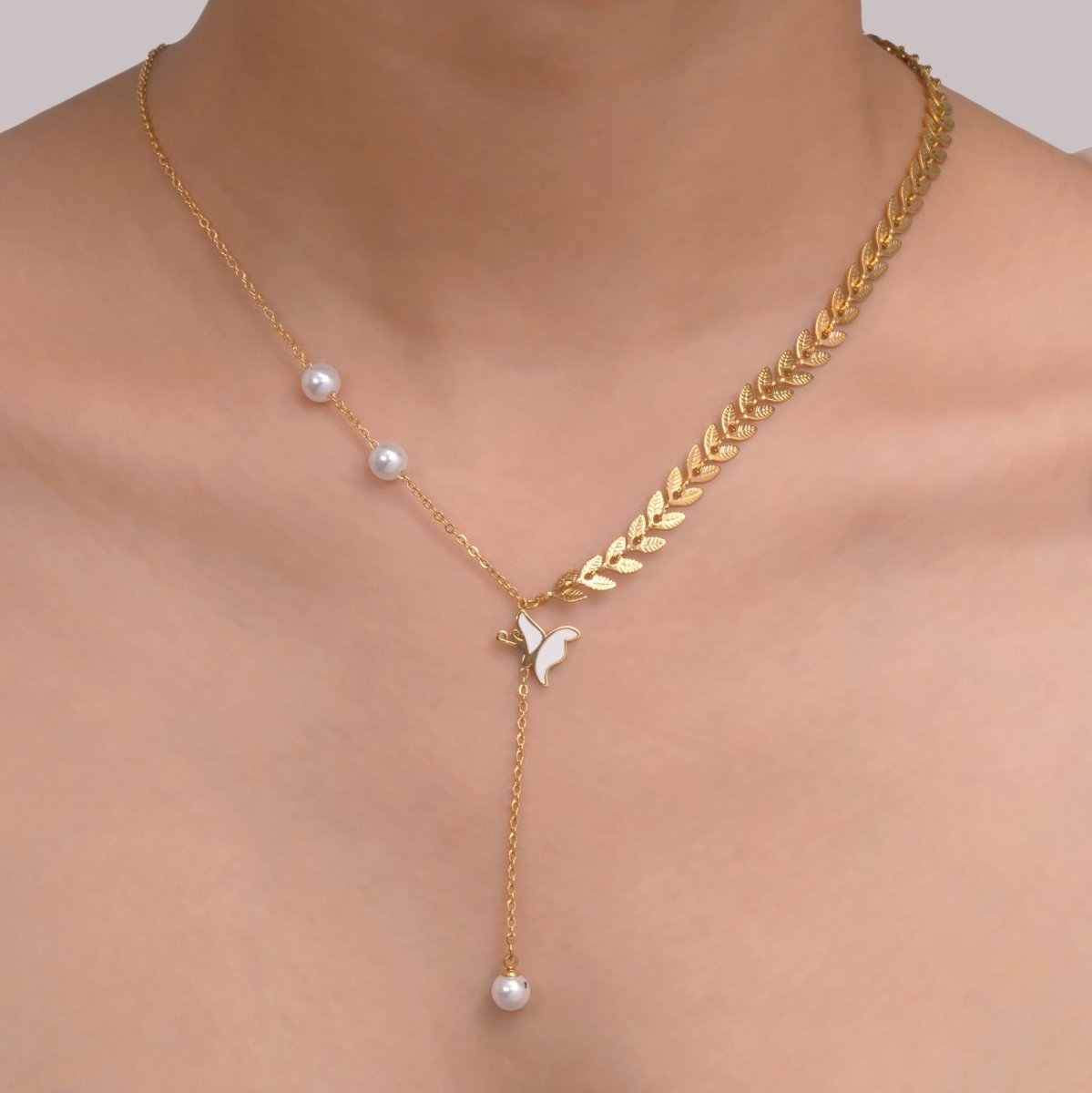 Artklim Gold Plated Pearl And White Butterfly Pendant Necklace