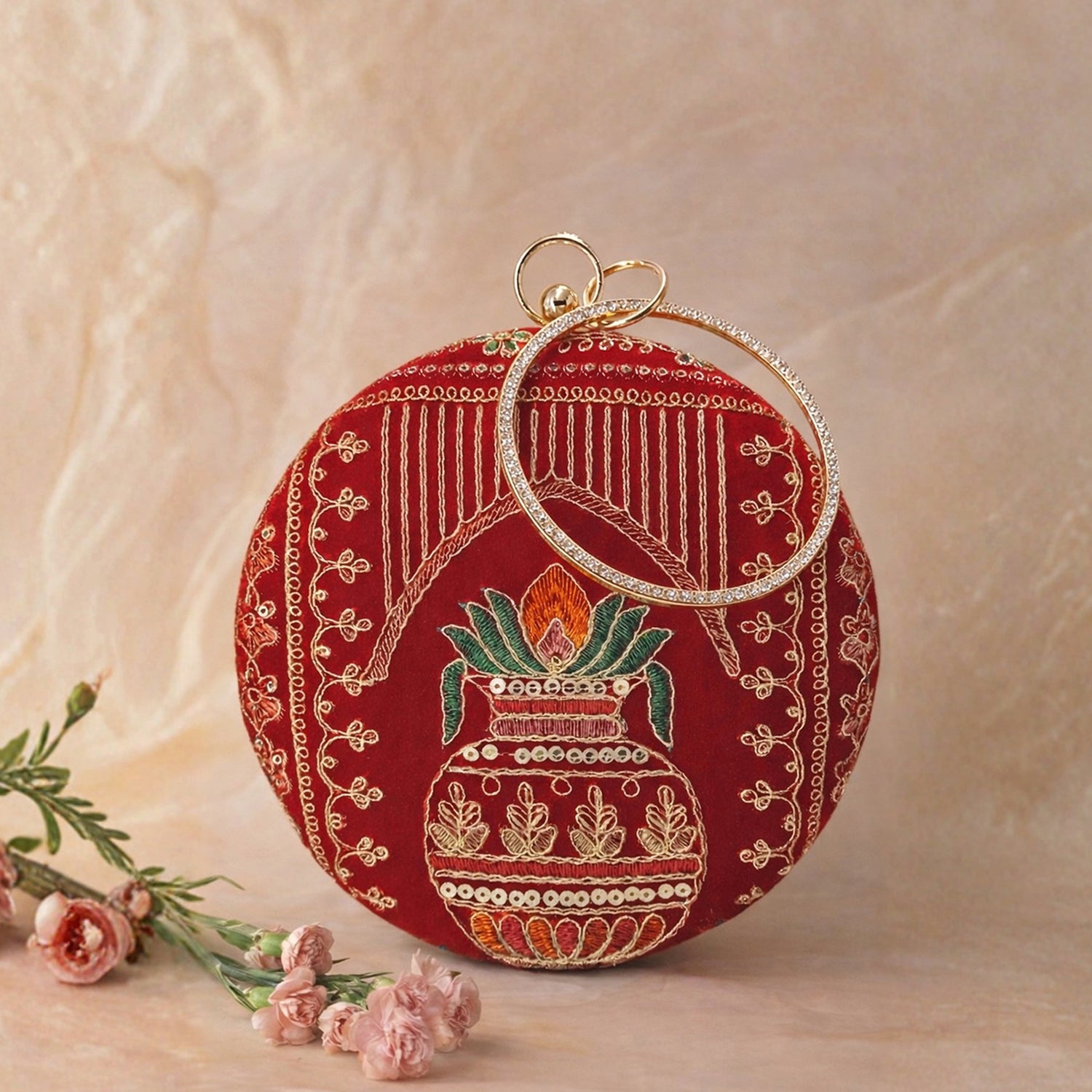 Artklim Royal Red Round Embroidered Clutch