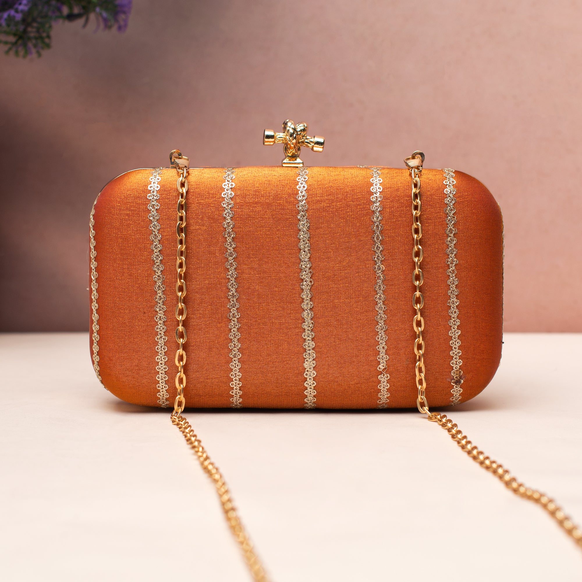 Artklim Elegant Orange Satin Embroidered Clutch