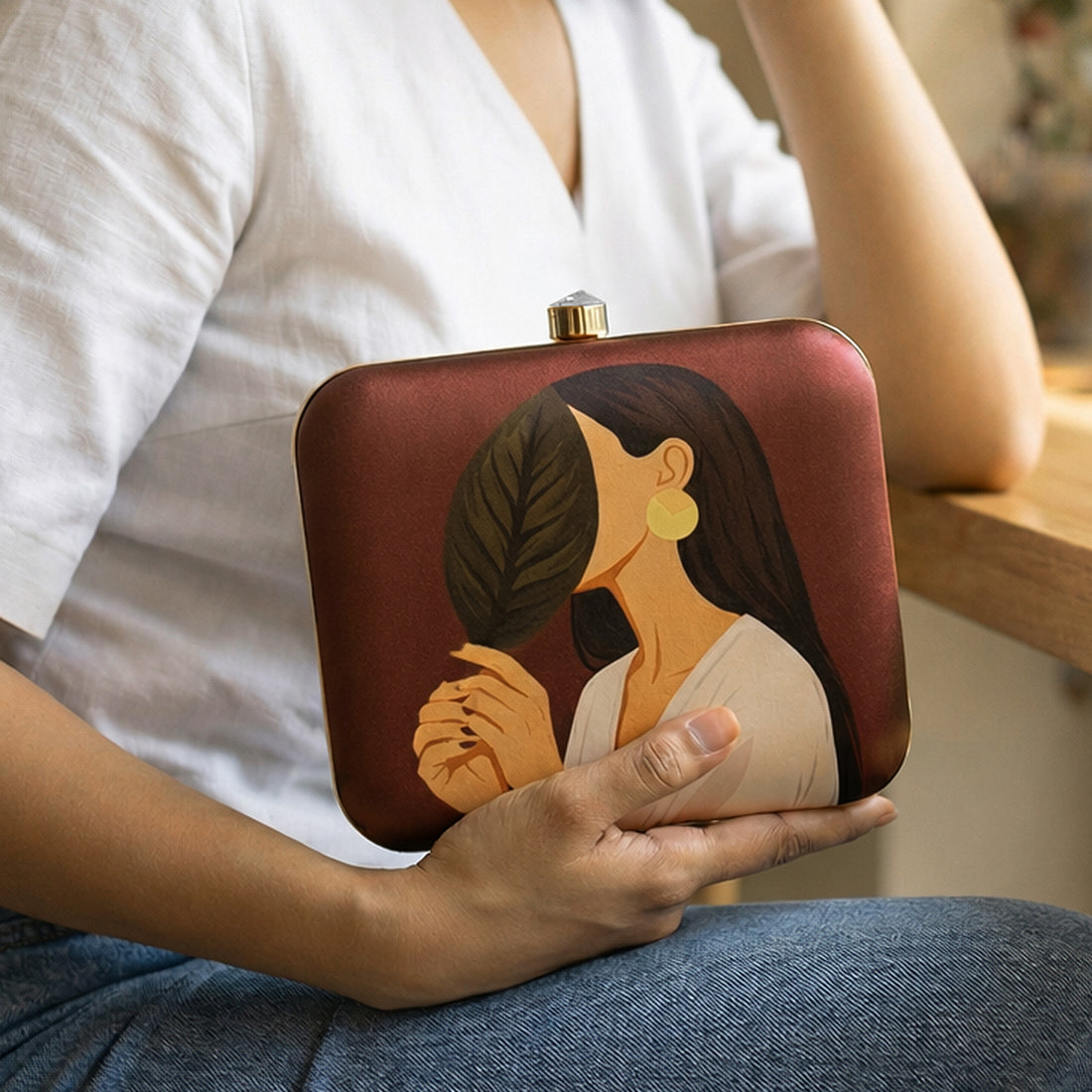 Artklim Dark Brown Based Asthetic Girl Portrait Printed Clutch