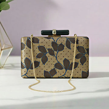 Artklim Beige Gold Floral Embroidered Clutch