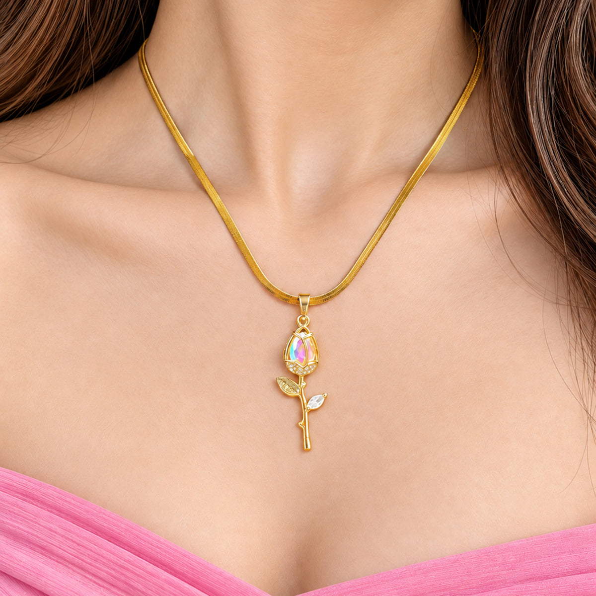 Artklim Elegant Floral Crystal Rose Gold Anti-Tarnish Pendant Necklace