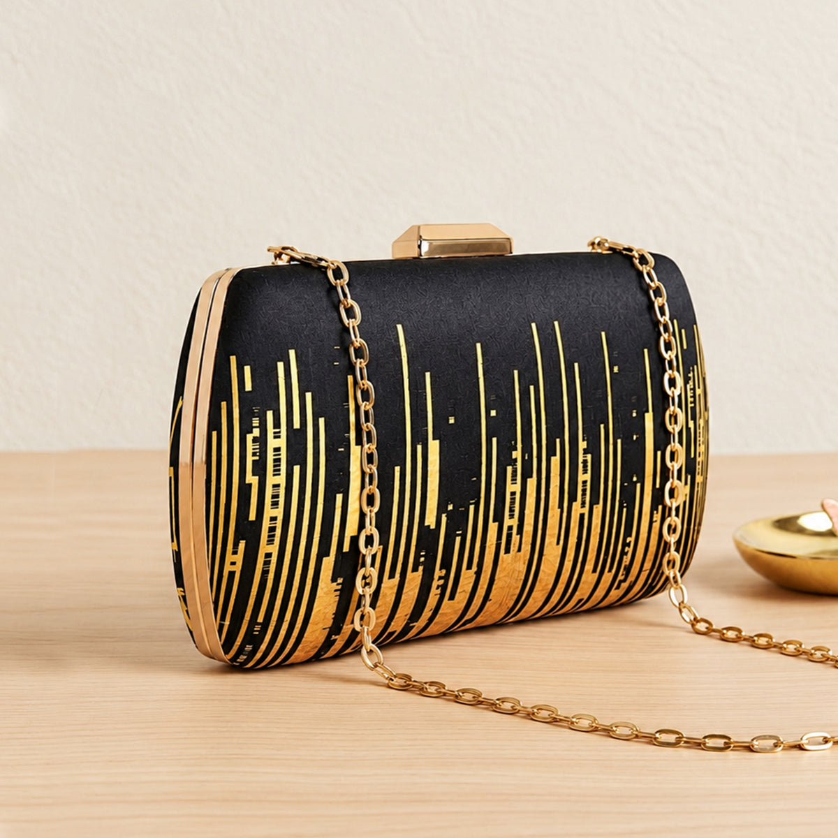 Artklim Black and Gold Geometric Pattern Printed Clutch