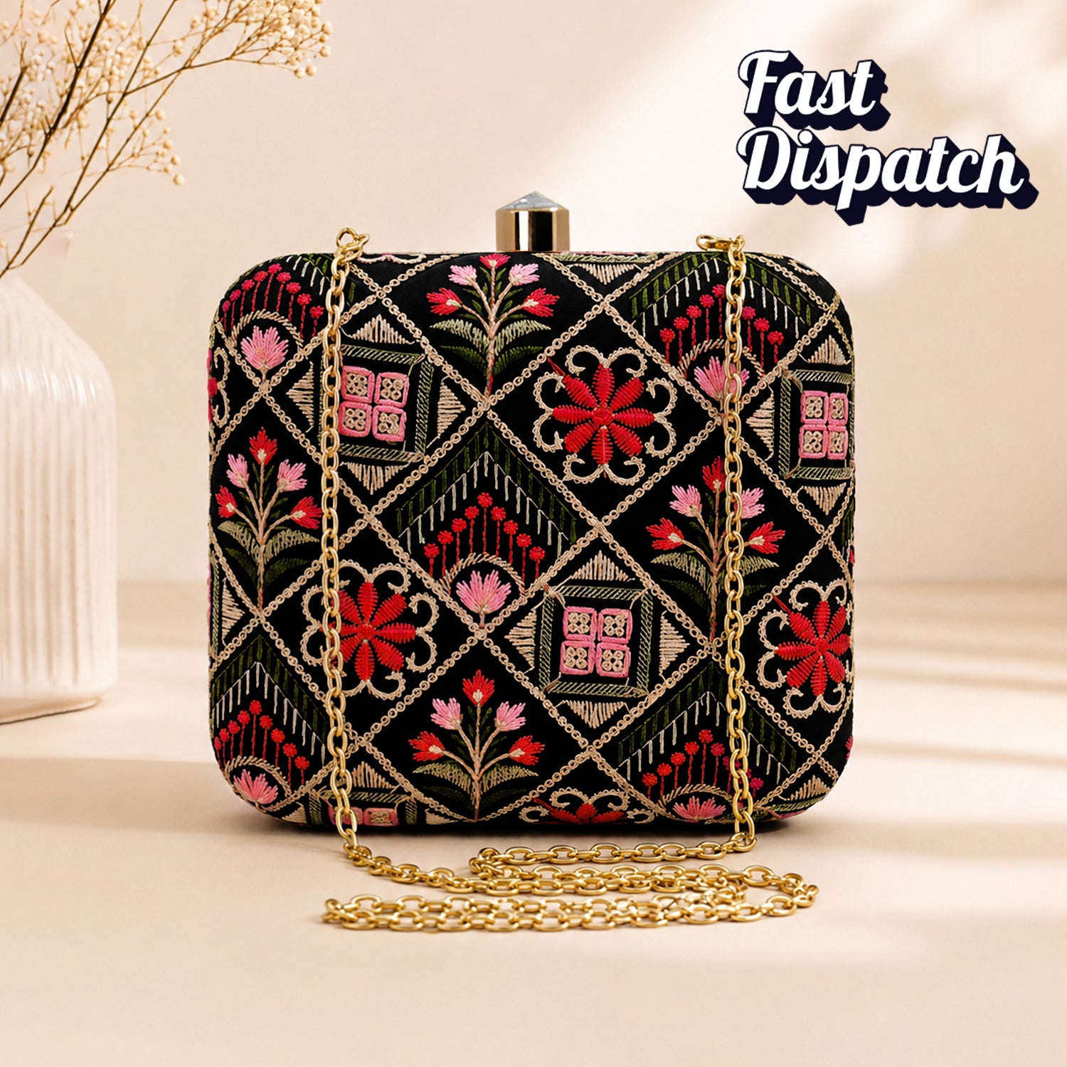 Artklim Black And Red Floral Embroidery Clutch