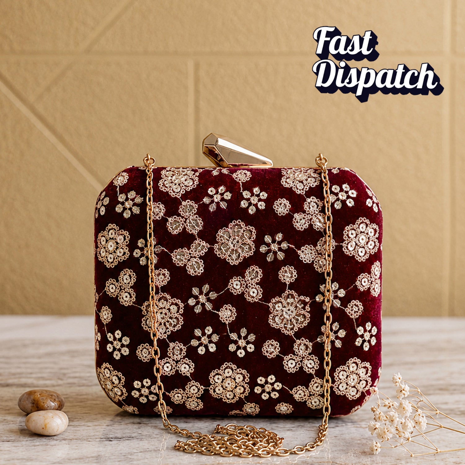 Artklim Maroon Velvet Gold Floral Designer Embroidery Clutch