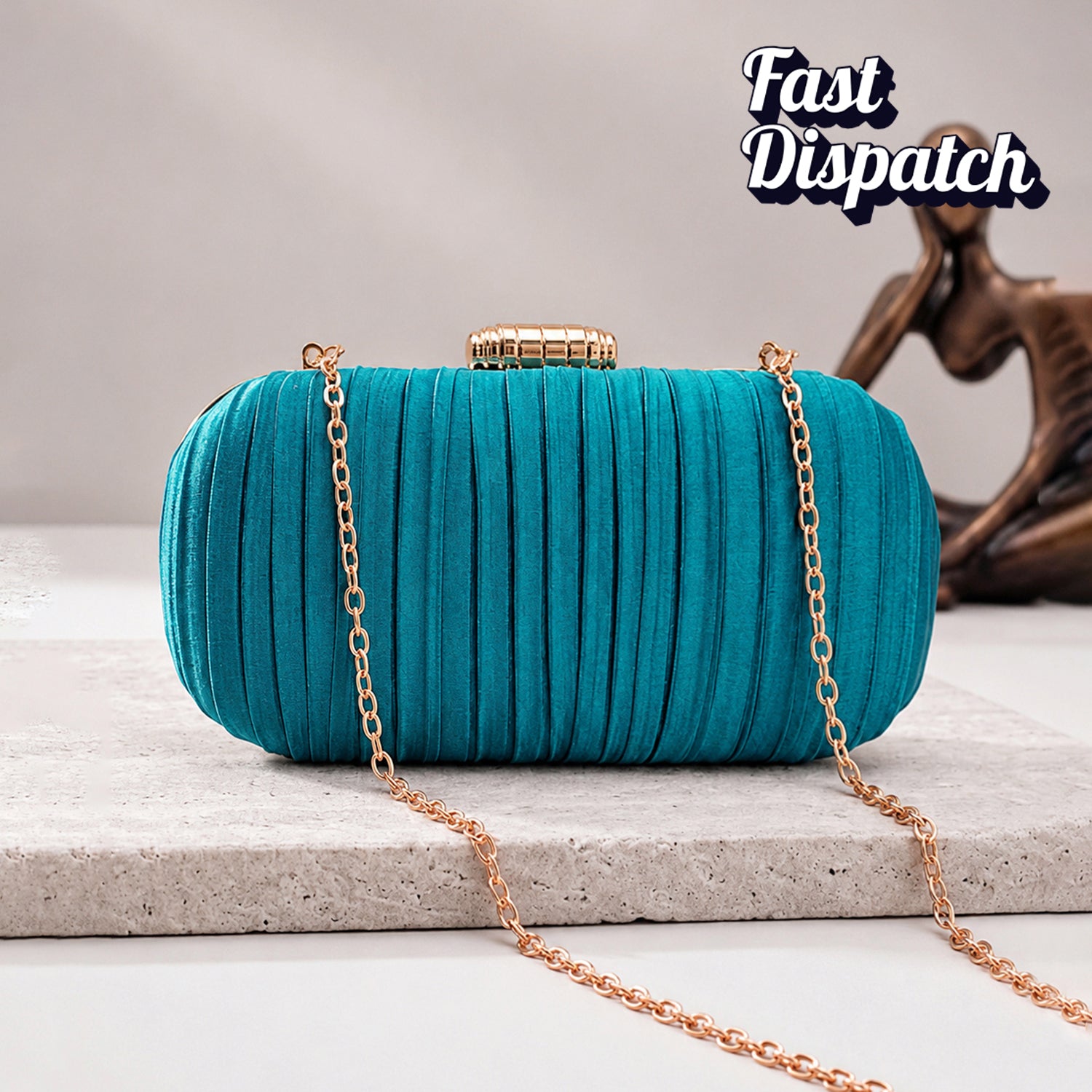 Artklim Turquoise Blue Pleated Embroidery Clutch