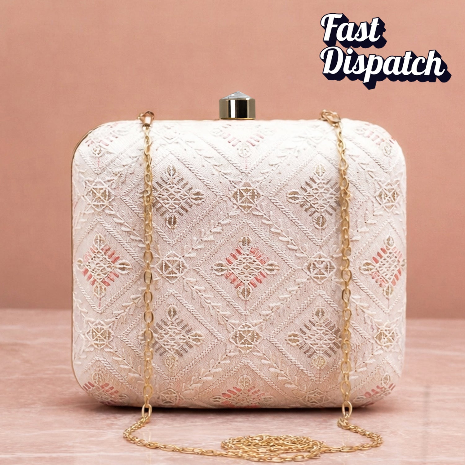 Artklim White Based Threadwork Pattern Embroidery Clutch