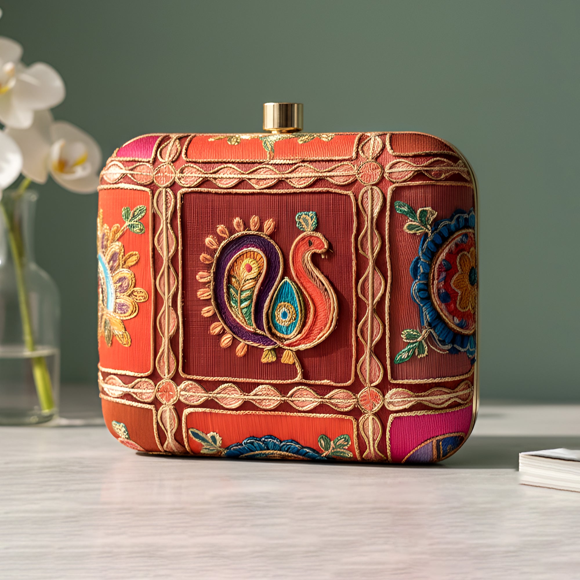 Artklim Royal Red Heritage Peacock Embroidered Clutch