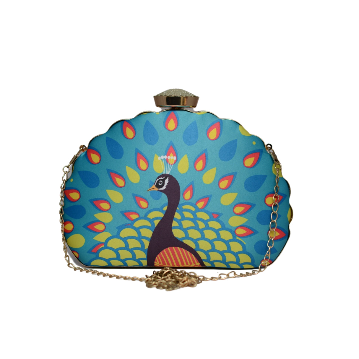 Blue Peacock Printed D-shape Clutch