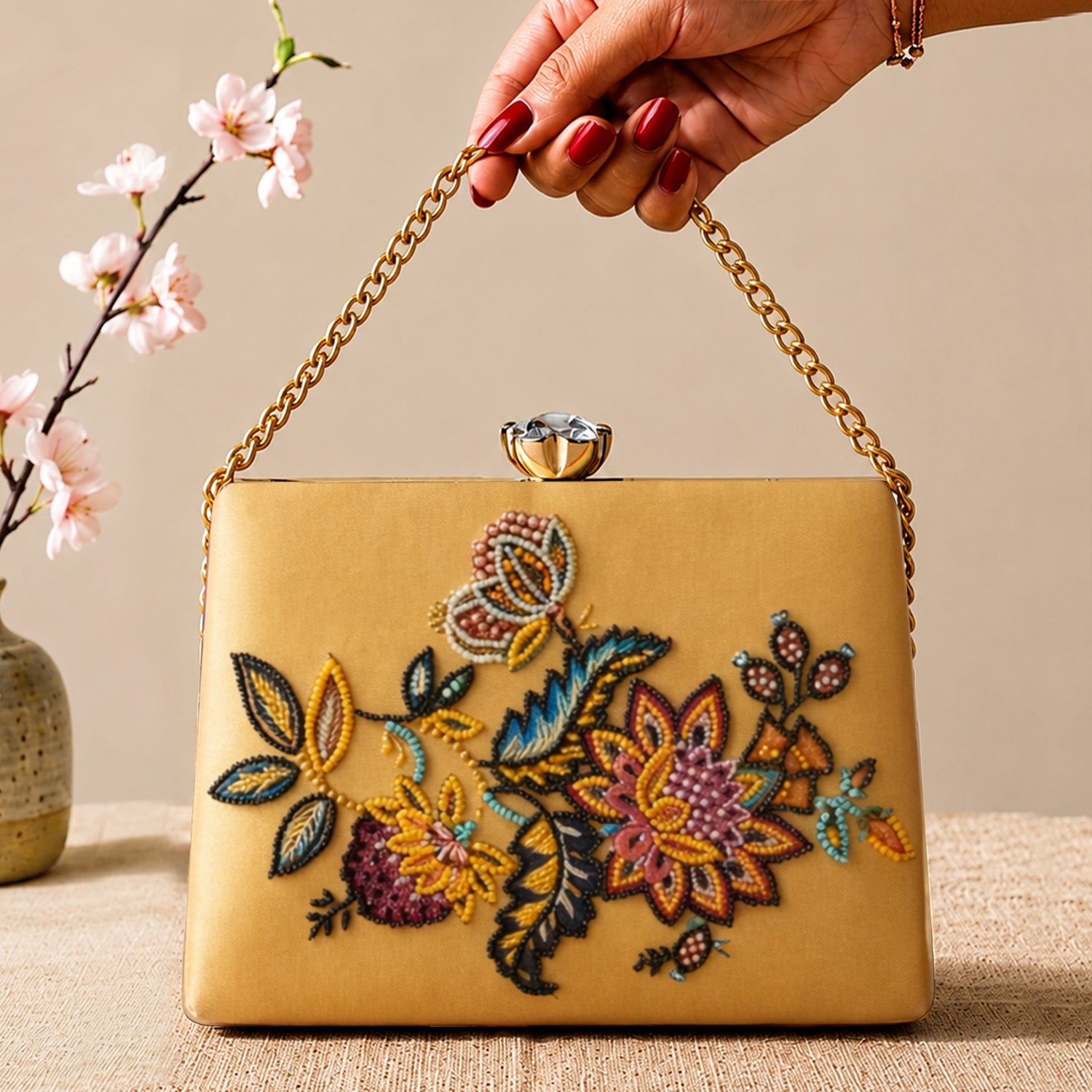 Artklim Printed Yellow Multicolor Floral Clutch with Hand Embroidery