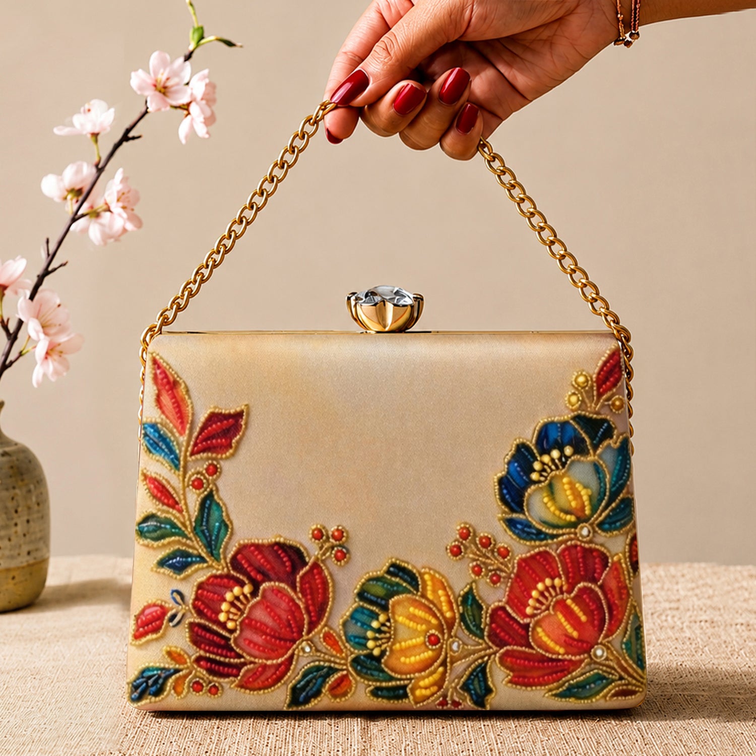 Artklim Printed Gold Floral Embellished Clutch with Hand Embroidery