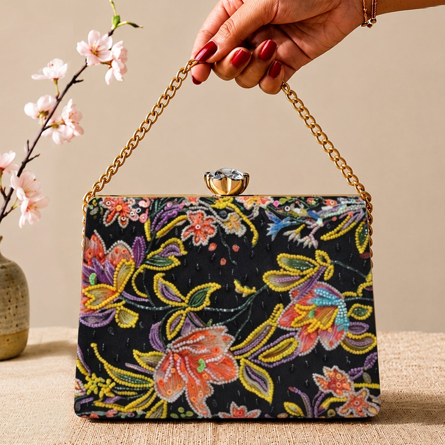 Artklim Printed Black Multicolor Floral Clutch with Hand Embroidery