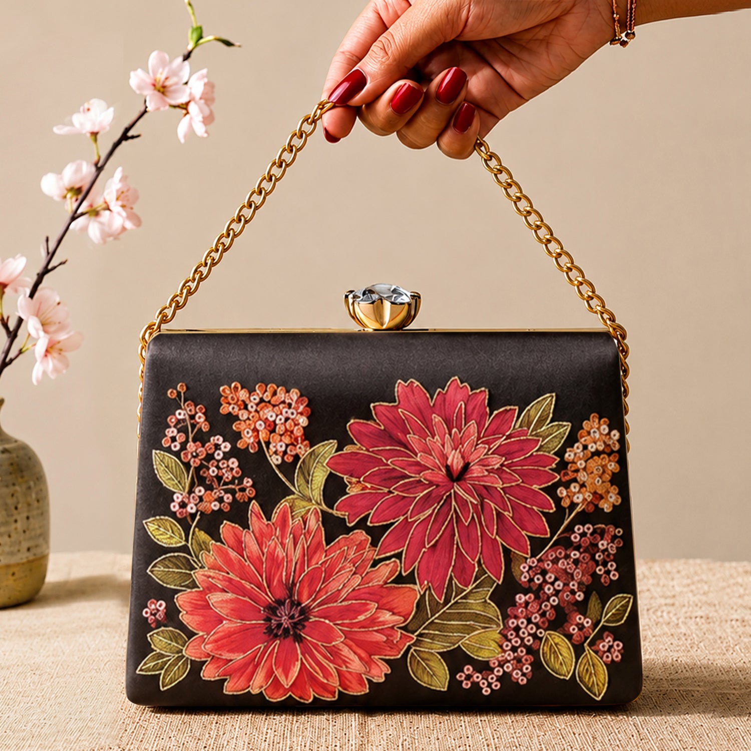 Artklim Printed Midnight Bloom Floral Clutch with Hand Embroidery
