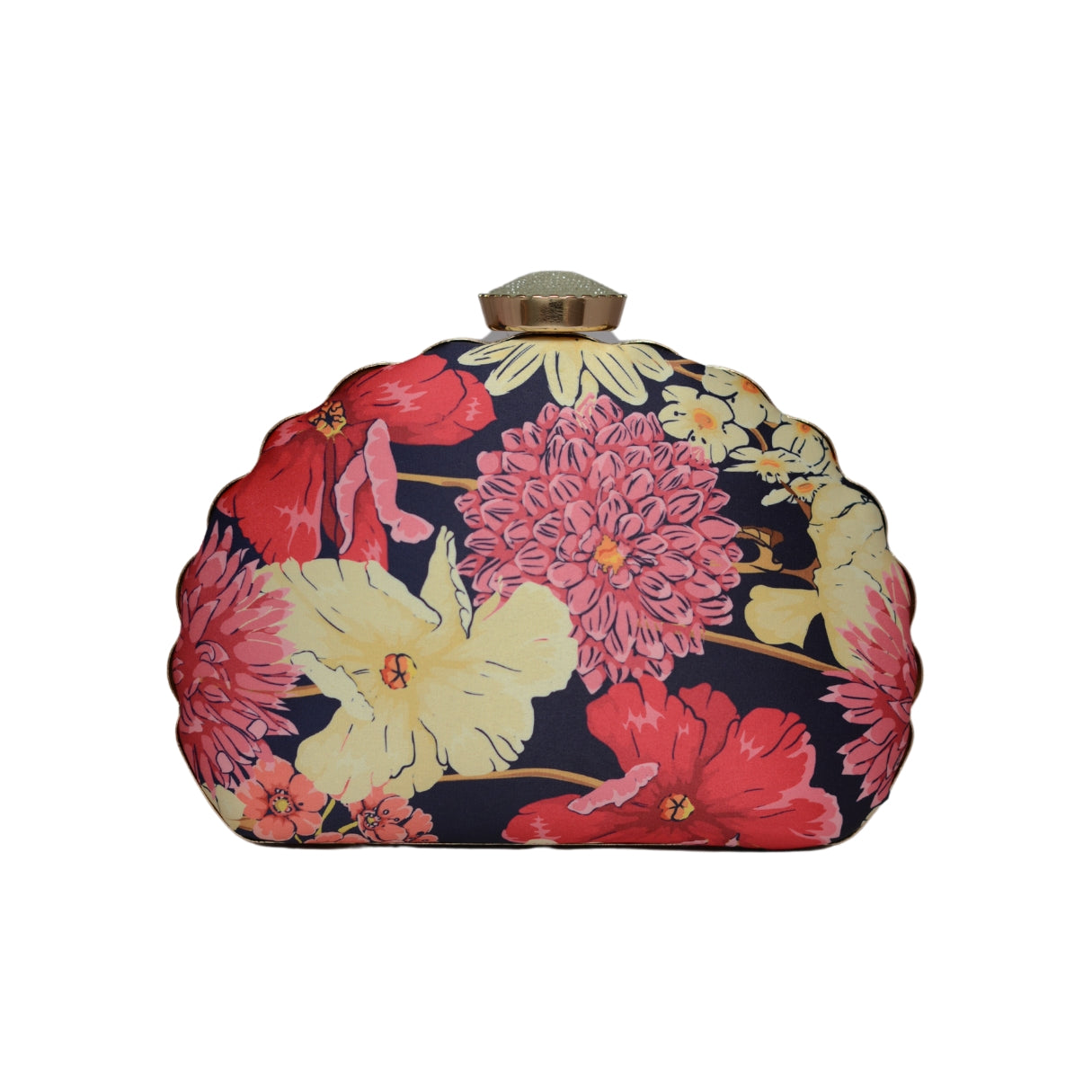 Artklim White And Red Flower Pritned D-shape Clutch