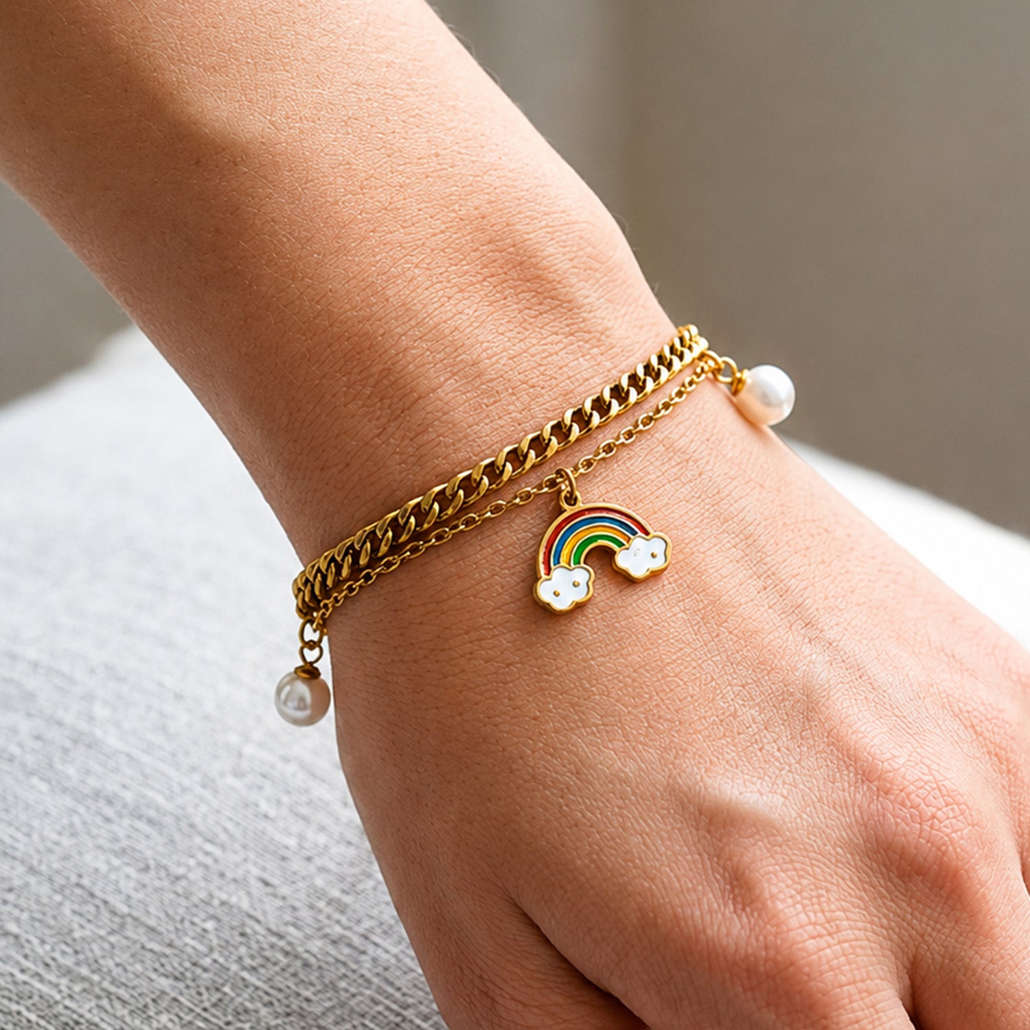 Artklim Rainbow Pearl Layered Gold Charm Anti-Tarnish Bracelet