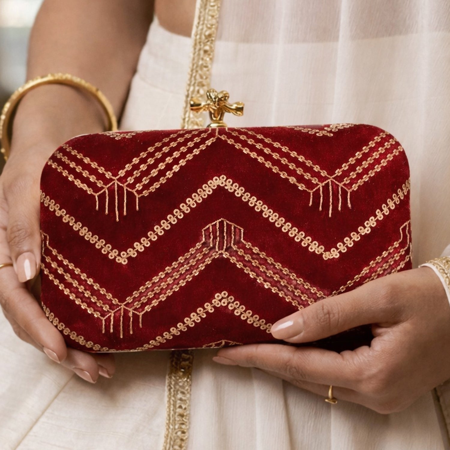 Artklim Royal Red Velvet Embroidered Clutch