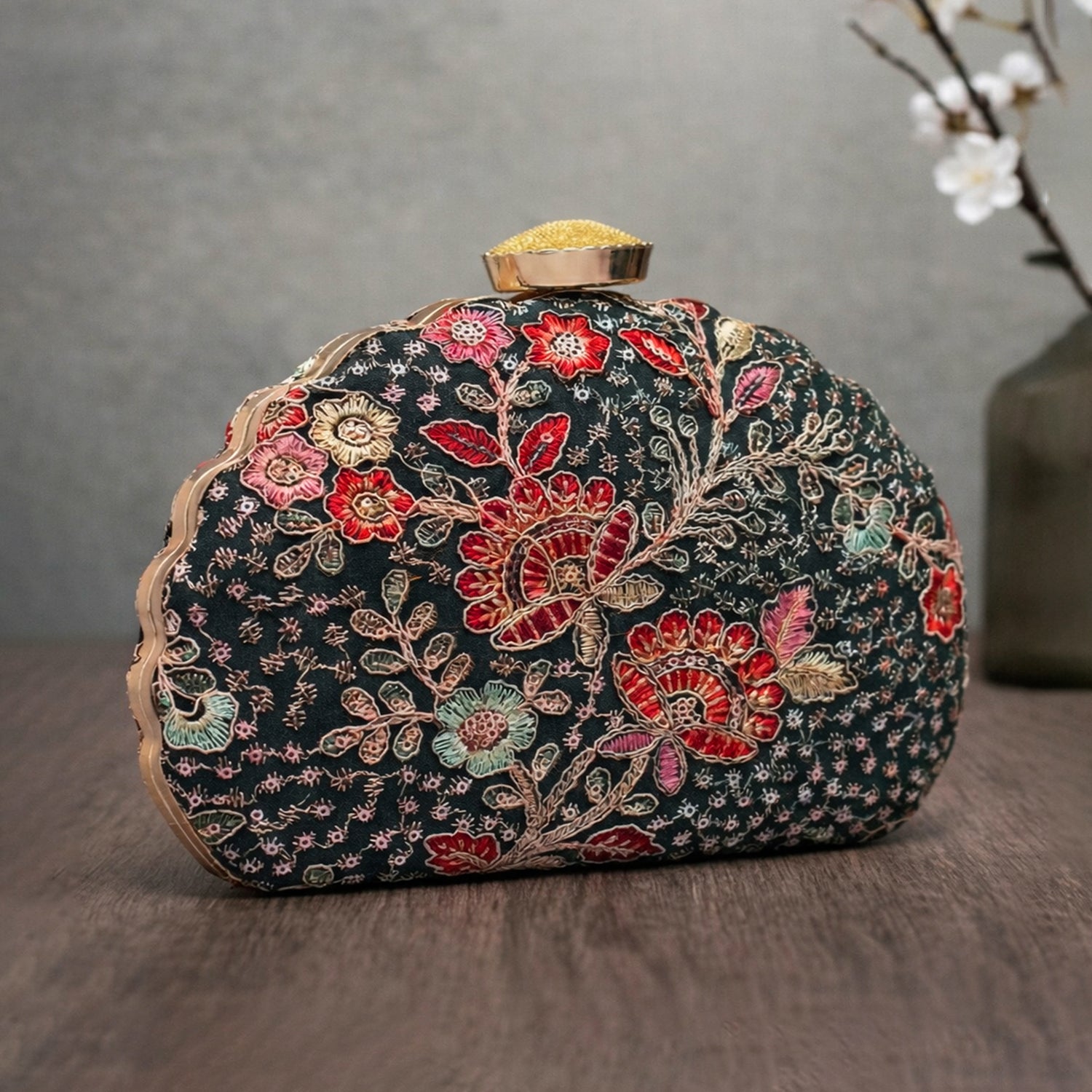 Artklim Olive Green Base Floral Threadwork Embroidery Clutch