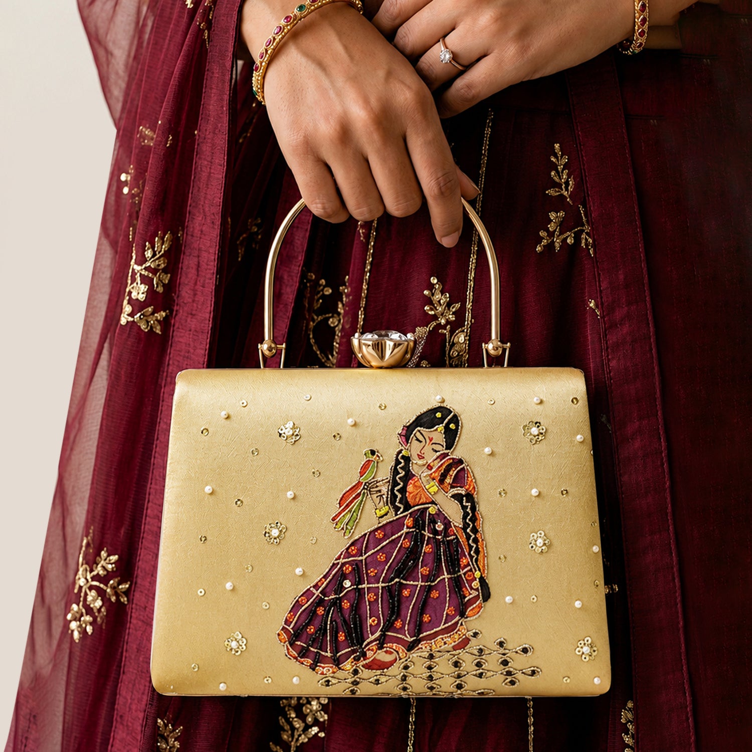 Artklim Royal Rajasthani Muse Embroidered Gold Clutch
