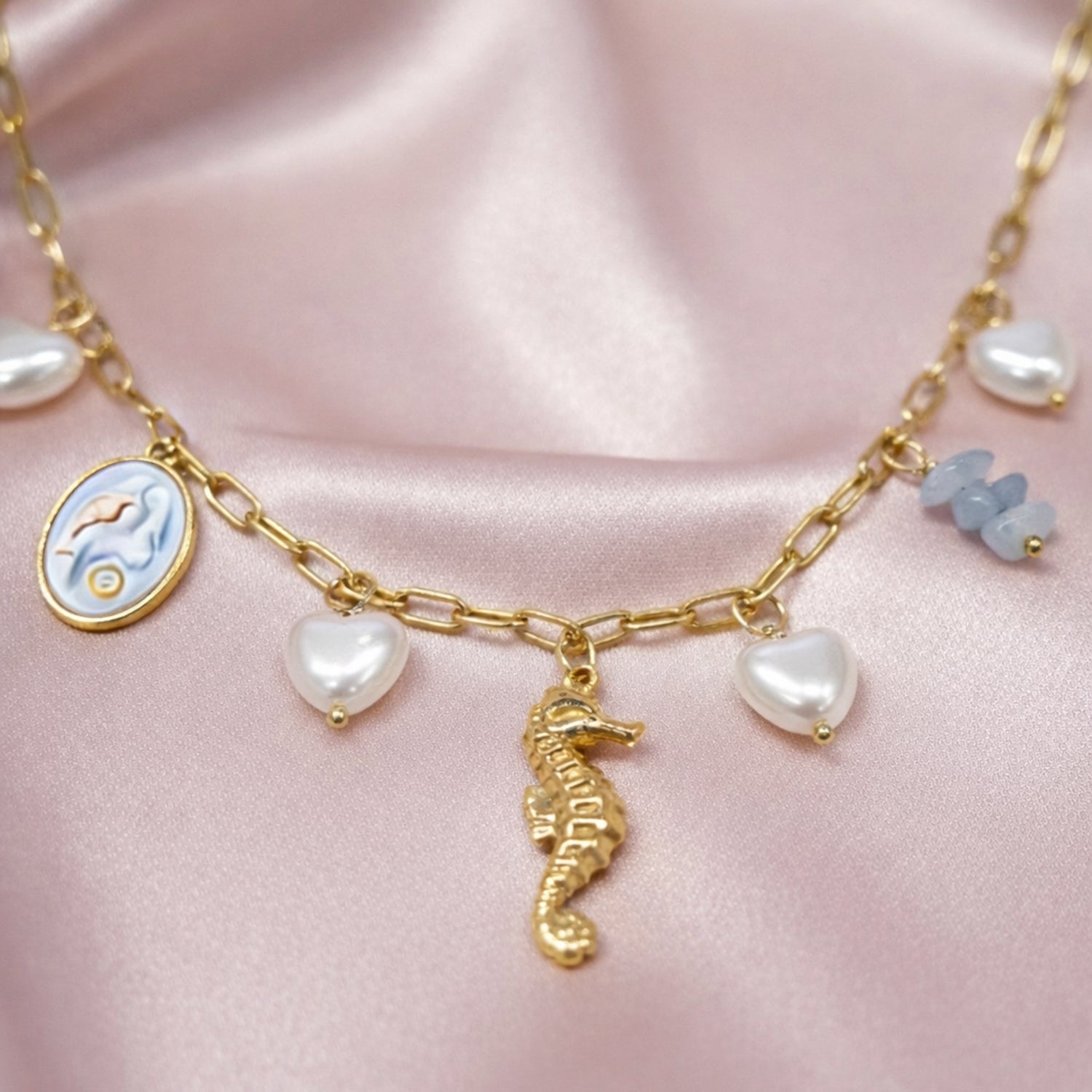 Artklim Gold-Plated Trendy Seahorse & Heart Charm Anti-Tarnish Necklace