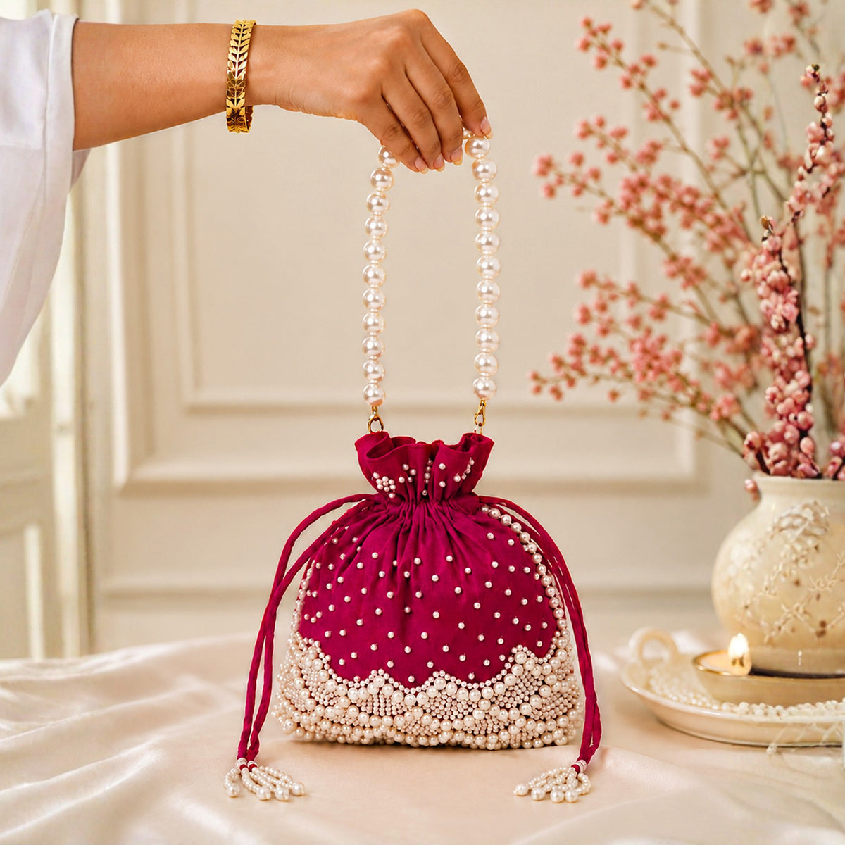 Artklim Pink & White Ethnic Drawstring Potli Clutch