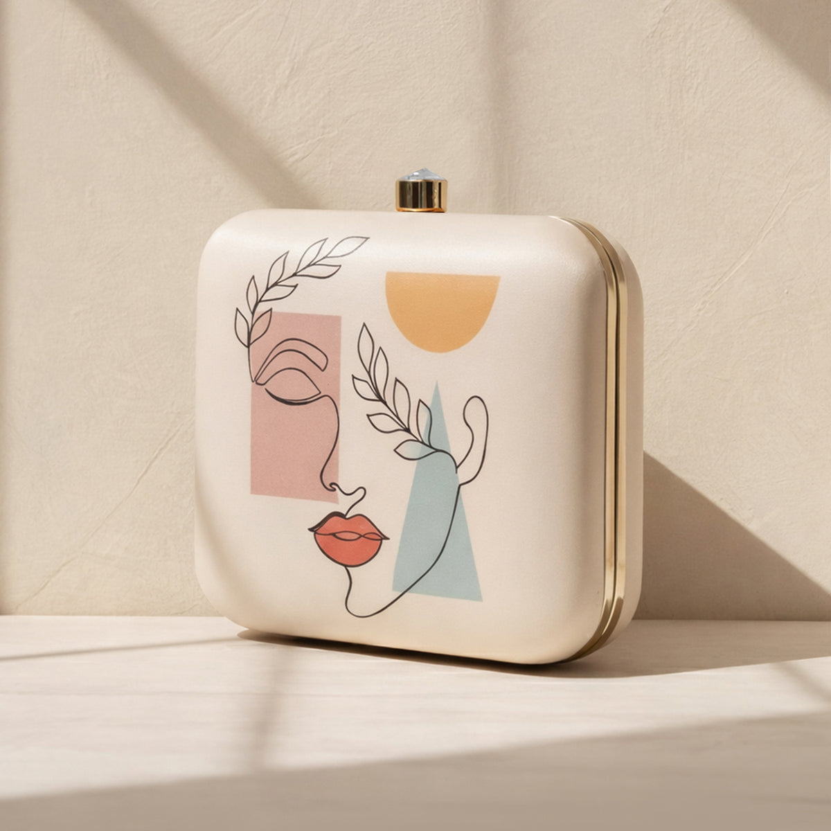 Artklim White Abstract Face Printed Women Clutch