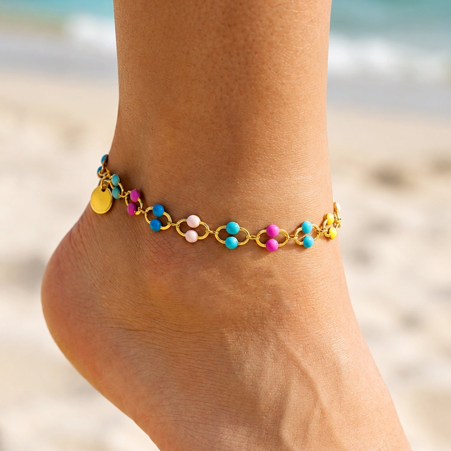 Artklim Multicolor Double Bead Link Gold Chain Anti-Tarnish Anklet