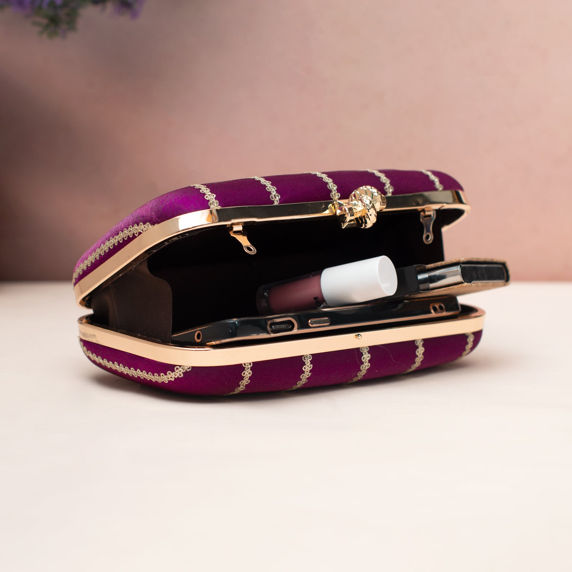 Artklim Velvet Violet Gold-Detail Embroidered Clutch