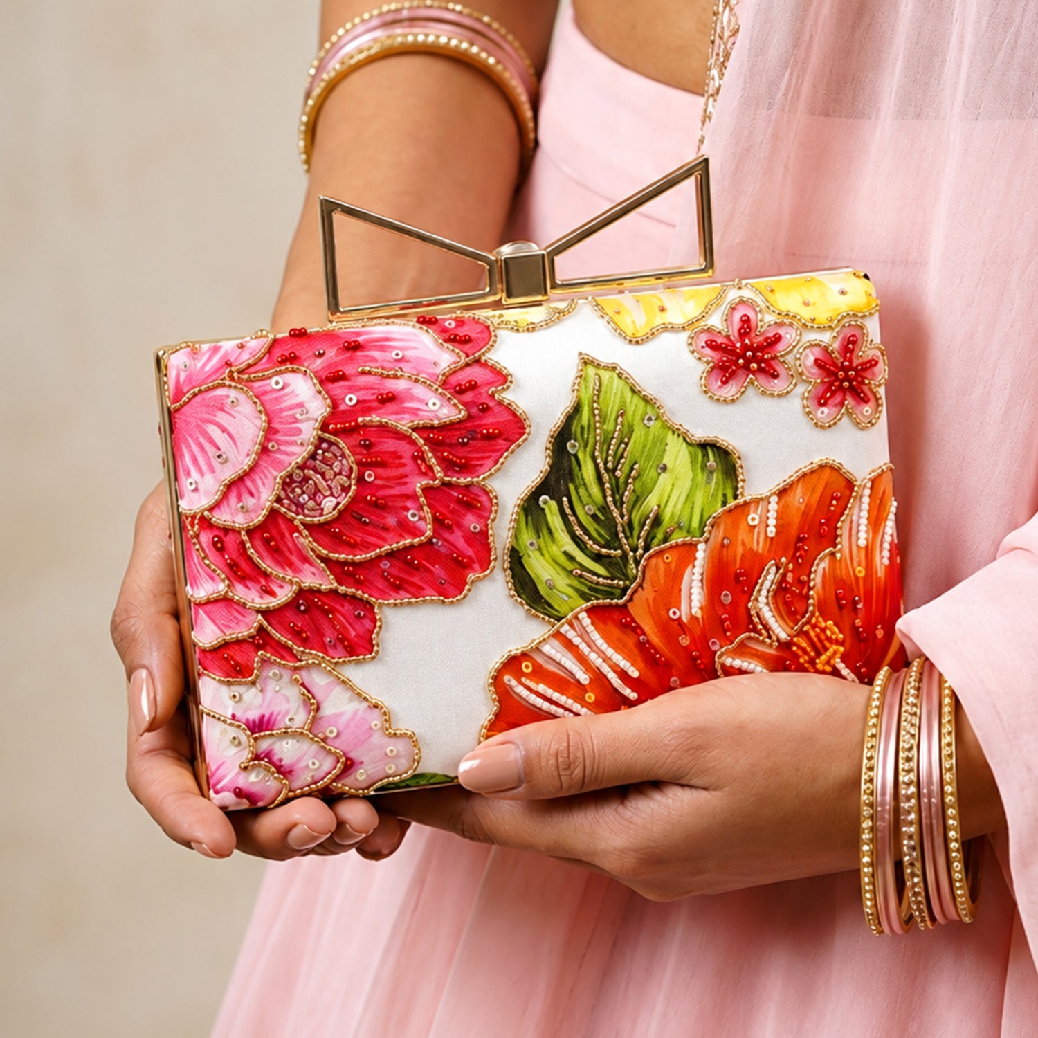 Artklim Printed Multicolor Floral Designer Clutch with Hand Embroidery
