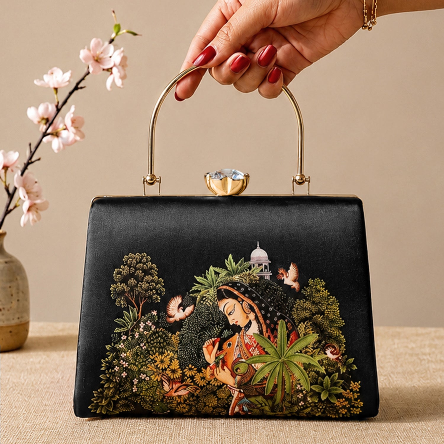 Artklim Printed Enchanted Garden Lady Clutch with Hand Embroidery