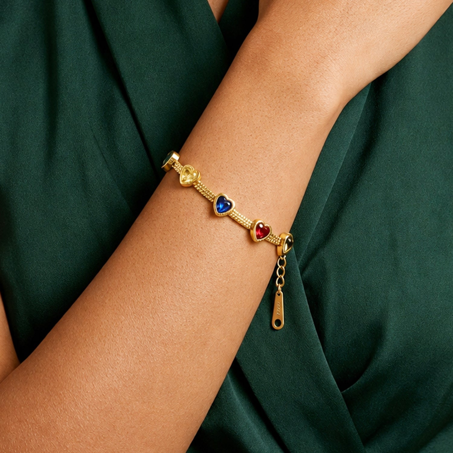 Artklim Rainbow Heart Crystal Snake Chain Gold-Tone  Anti-Tarnish Bracelet