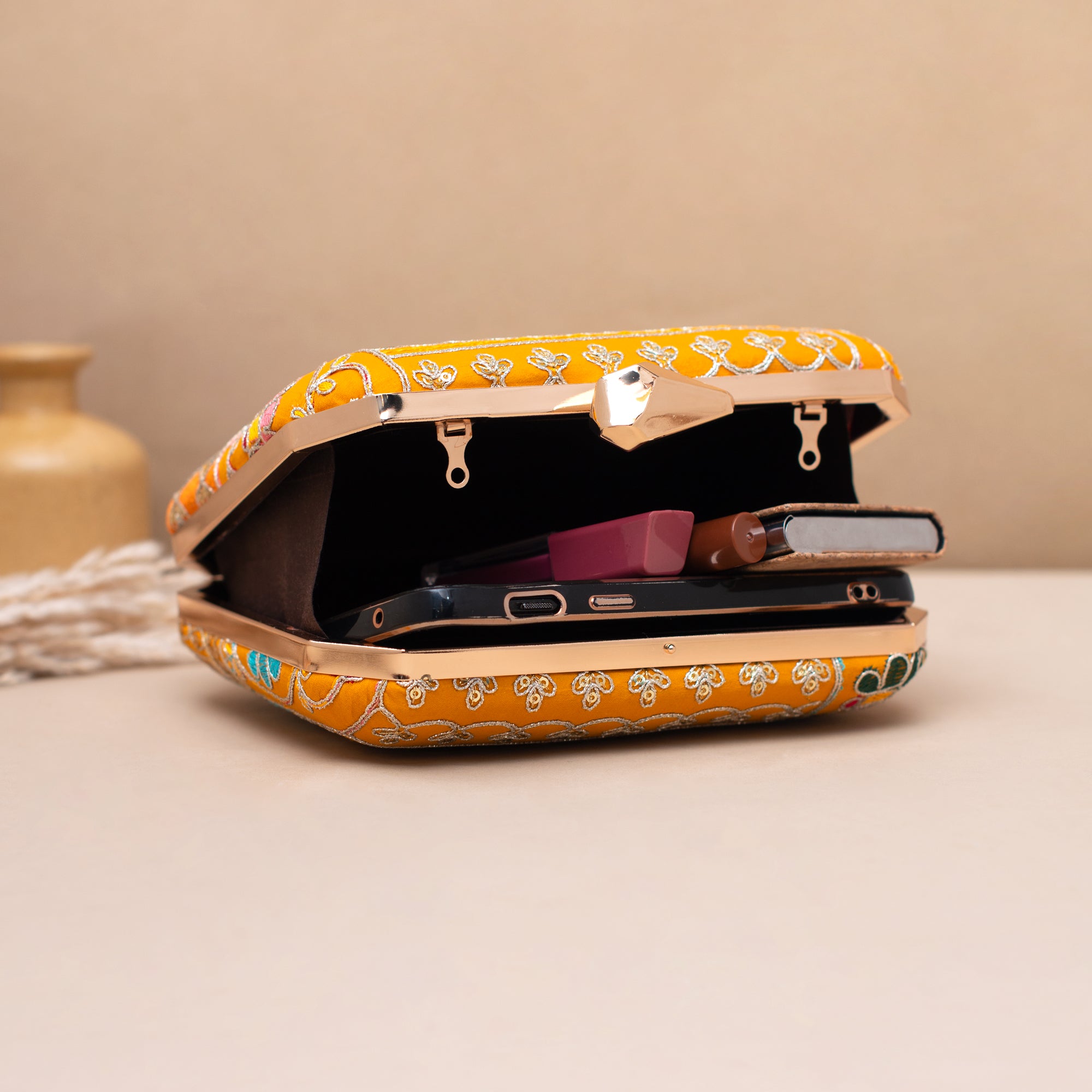 Artklim Royal Mustard Floral Embroidered Clutch