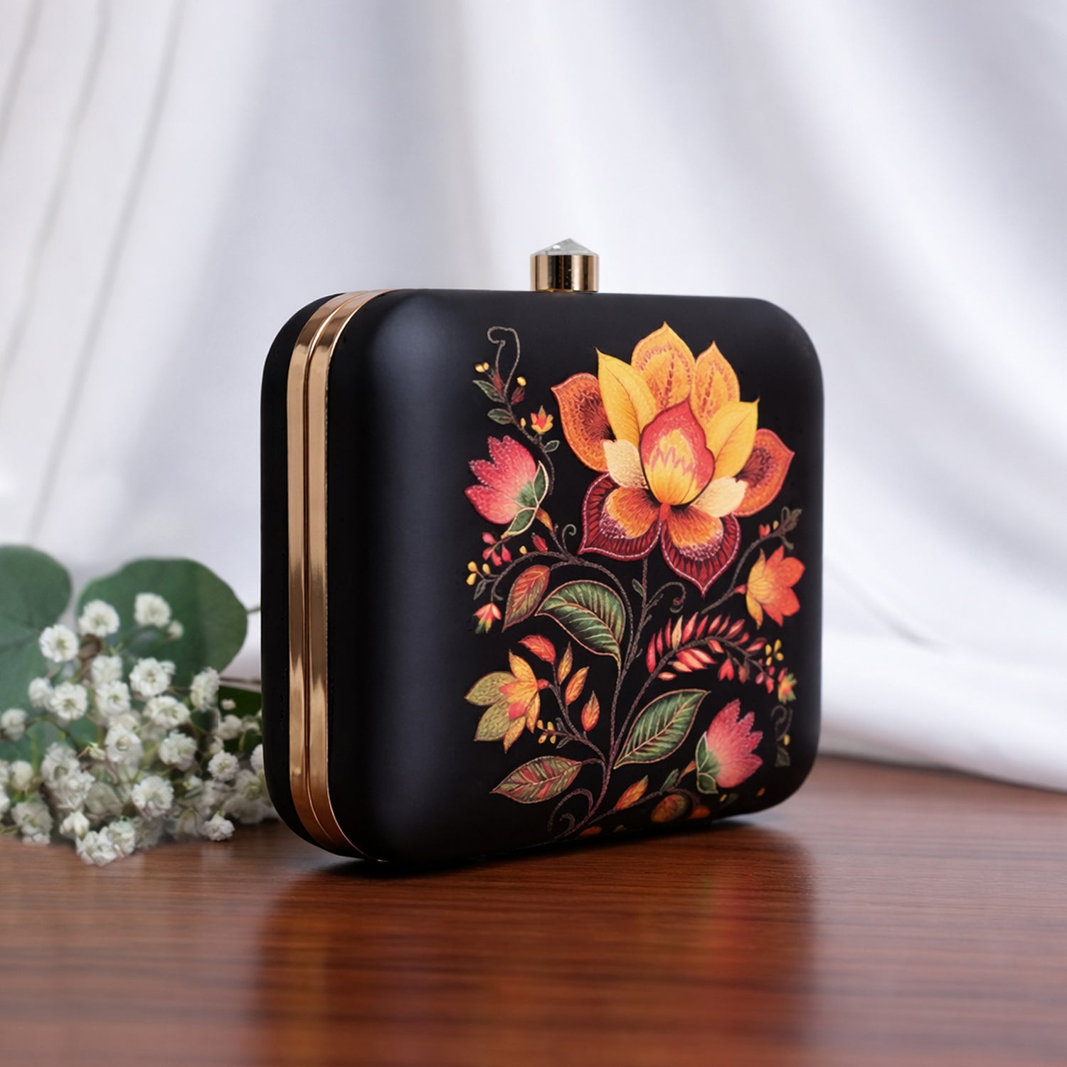 Artklim Black Based Yellow And Red Floral Printed Clutch