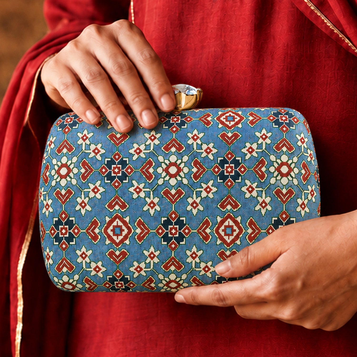 Artklim Blue Multicolor Ethnic Floral Geometric Pattern Printed Clutch