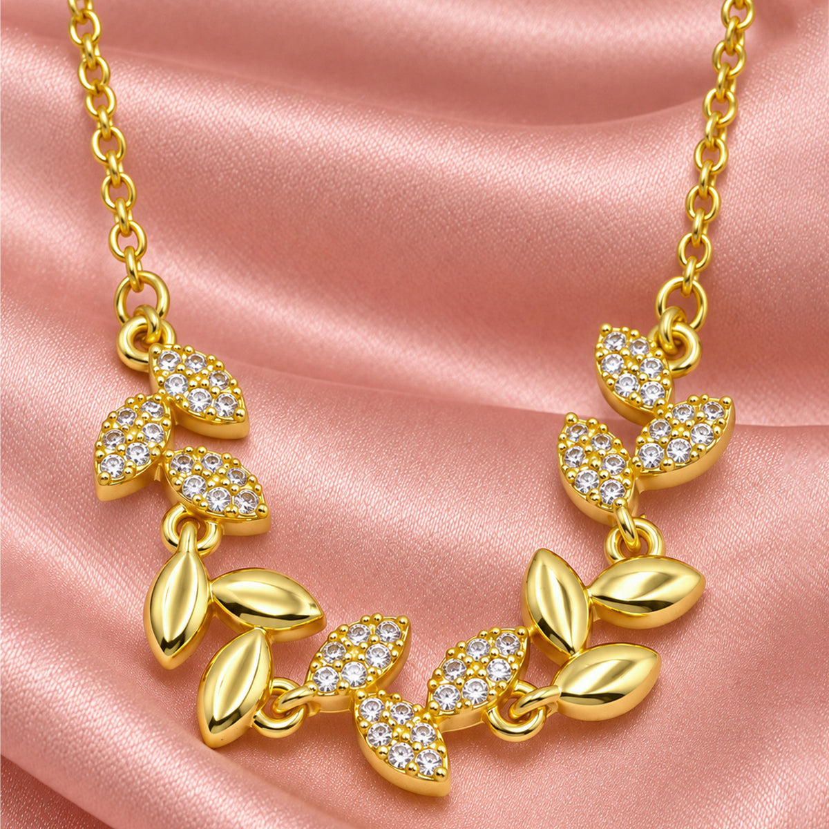 Elegant Leaf Blossom Crystal Gold-Tone Anti-Tarnish Pendant Necklace