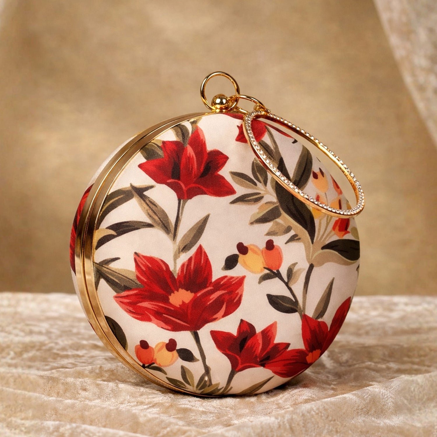 Red Floral Printed Round Clutch
