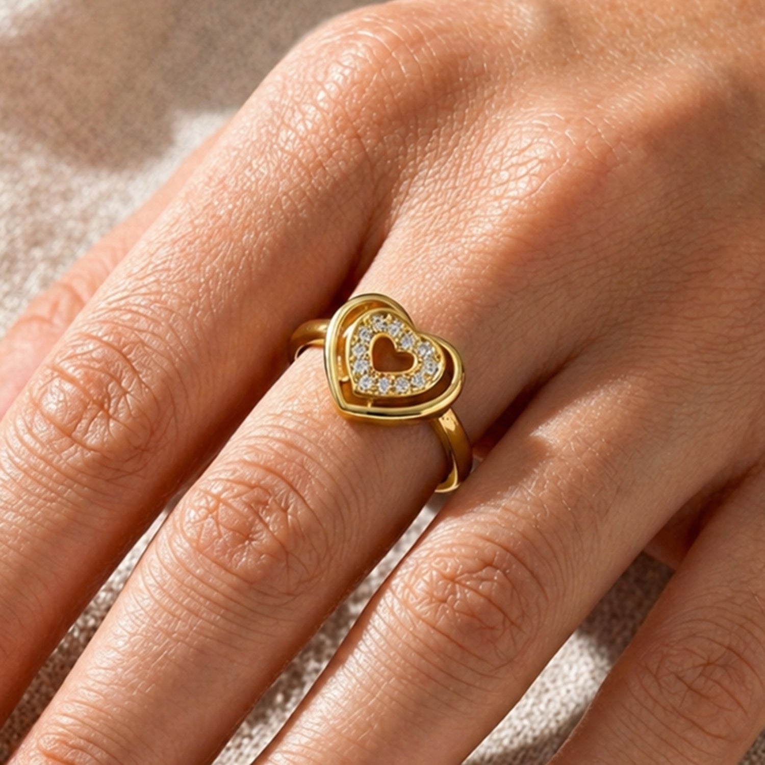 Artklim Open Heart-Shaped Crystal Gold Anti-Tarnish Ring